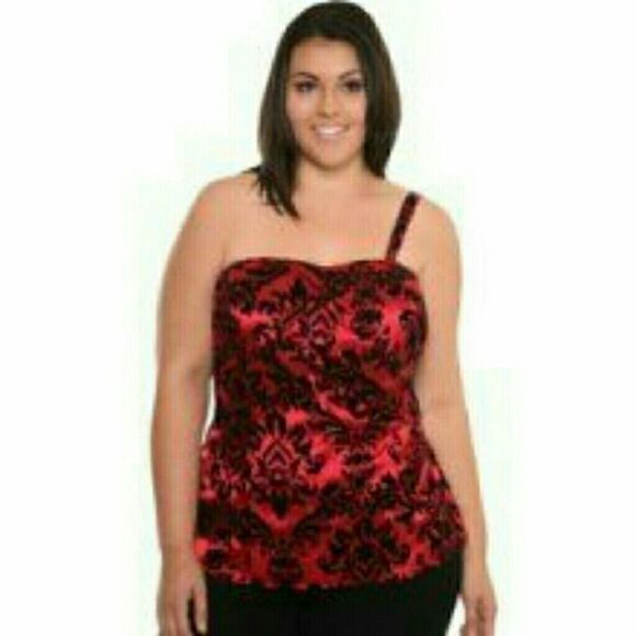 Torrid size 1 1x red one shoulder damask top - Picture 2 of 7